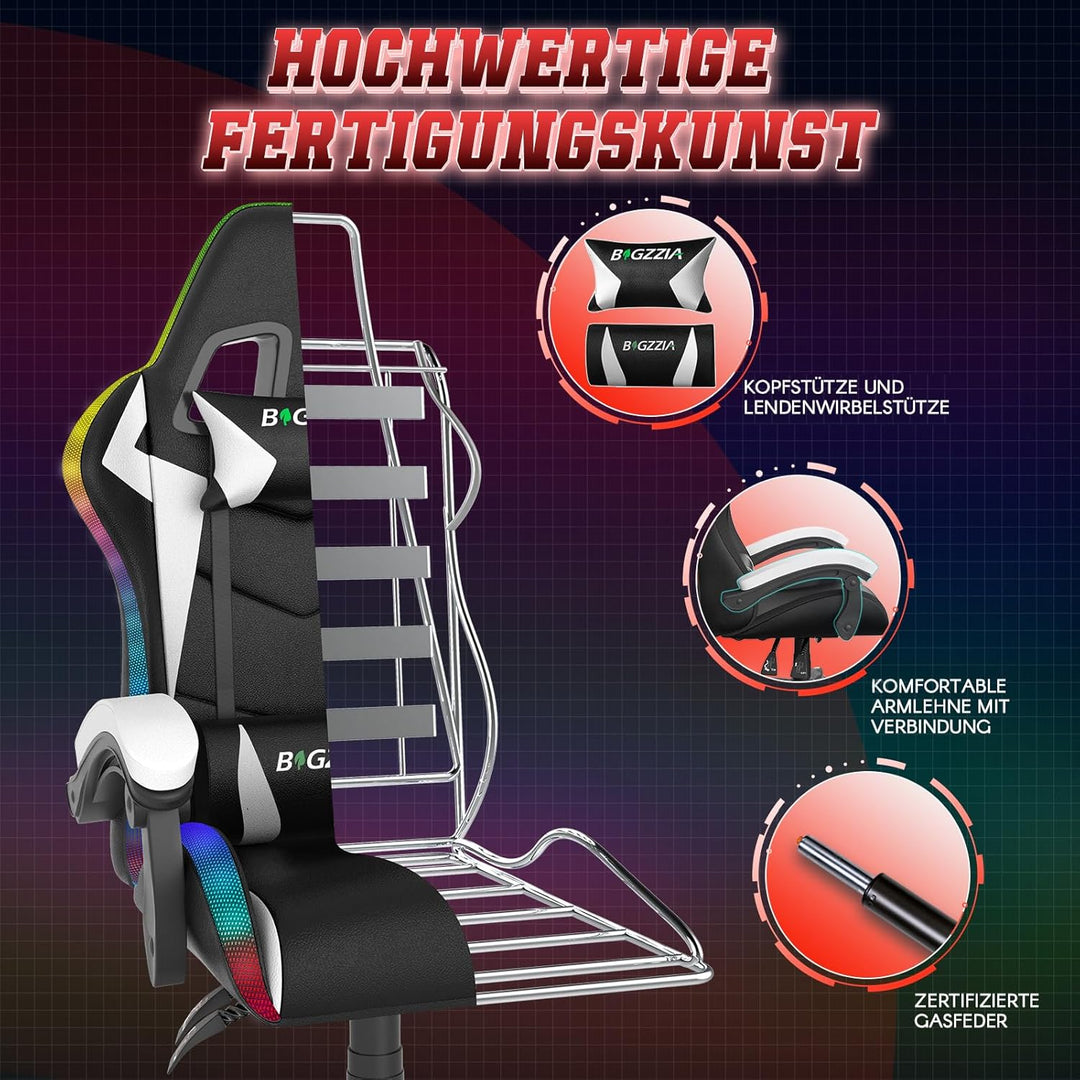 Racingreat LED-Gaming-Stuhl, RGB Gaming Chair mit Farbigen Lichtleisten Kopfstütze Lendenwirbelstütz