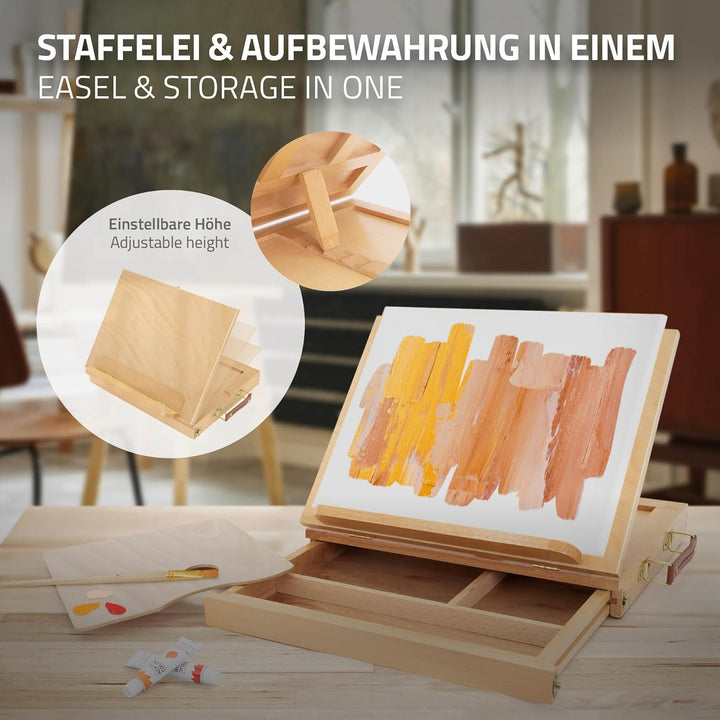 ECD Germany Tischstaffelei aus Holz mit Schublade und Palette, Holzstaffelei klein mit Aufbewahrungs