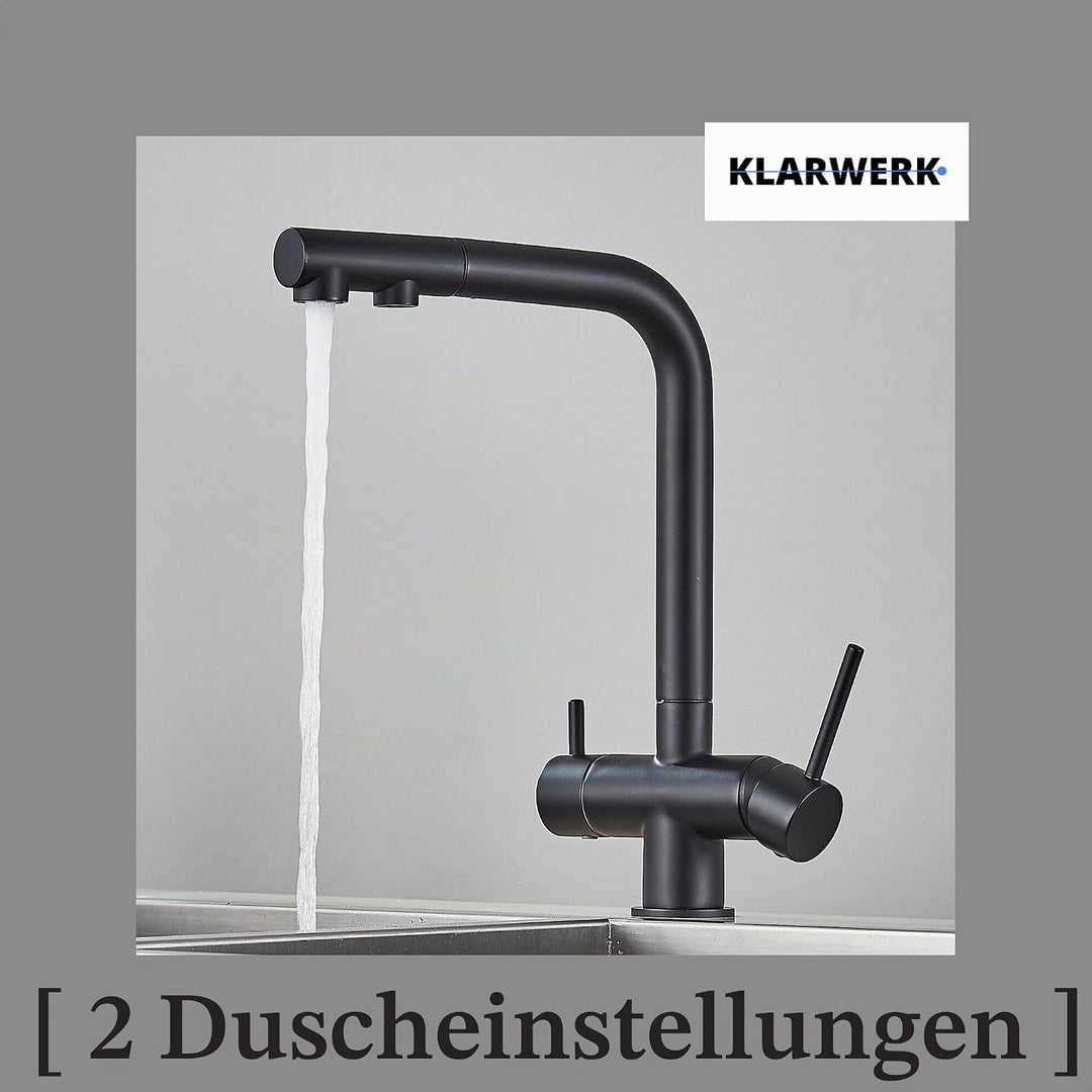 Felix | 3 Wege Premium Schwarz matt ausziehbare Armatur | Edelstahl Osmose Wasserhahn Küche |Mischba