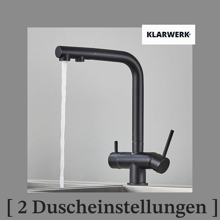 Felix | 3 Wege Premium Schwarz matt ausziehbare Armatur | Edelstahl Osmose Wasserhahn Küche |Mischba