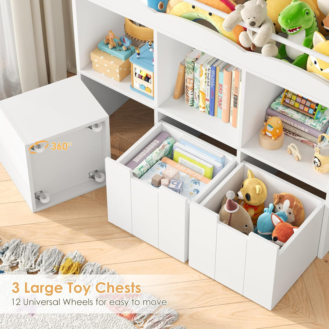HOCSOK 110cm Kinderregal mit Boxen auf Rollen, Kinderbücherregal mit 4 Ablagefächern, Spielzeugregal