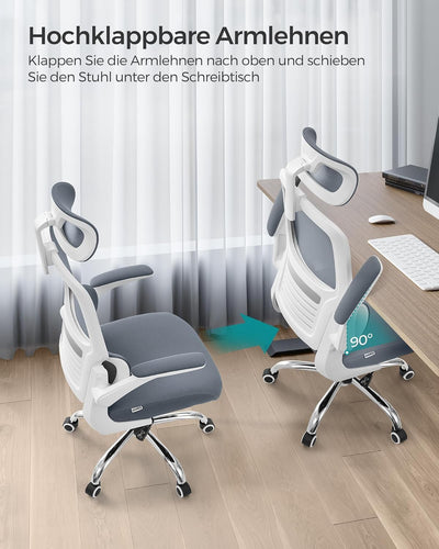 SONGMICS Bürostuhl, Schreibtischstuhl, ergonomisch, klappbare Armlehnen, hohe Rückenlehne, Netzstuhl