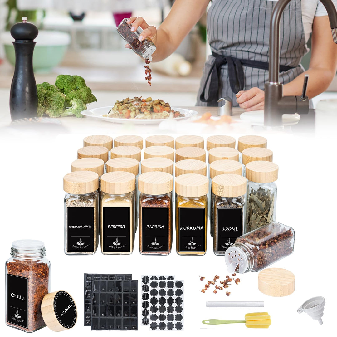 UISEBRT Gewürzgläser Eckig Set 12er Gewürzbehälter mit Etiketten Spice Jars Gewürzdosen Glas 120ML G