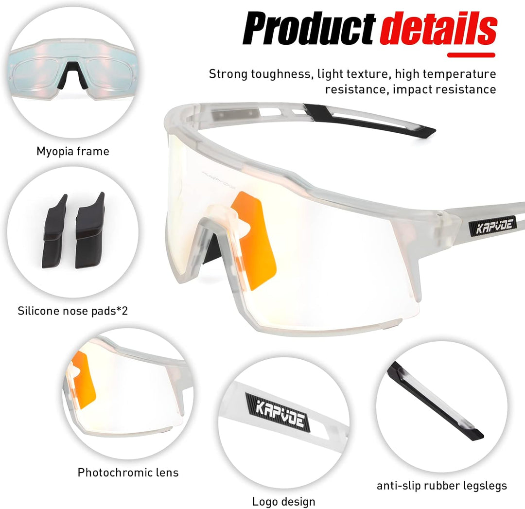 KAPVOE Photochromatische Selbsttönend Fahrradbrille TR90 Rahmen für Herren Damen Klar Sportsonnenbri