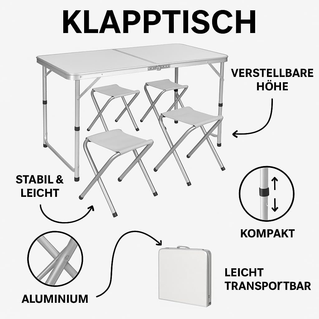 TRIZAND Klapptisch-Set mit Stühlen 5-teilig 120 x 60,5 cm Gross Höhenverstelbar Faltbar Belastbar mi