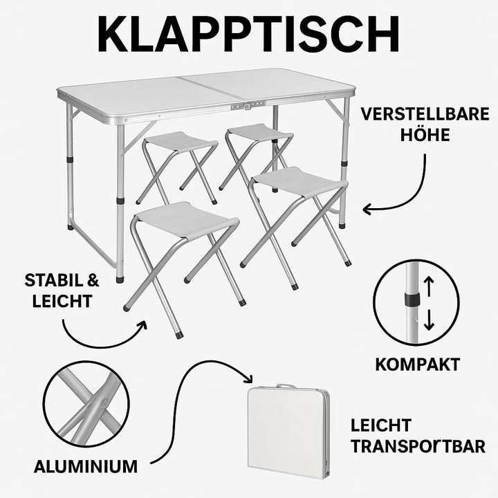 TRIZAND Klapptisch-Set mit Stühlen 5-teilig 120 x 60,5 cm Gross Höhenverstelbar Faltbar Belastbar mi