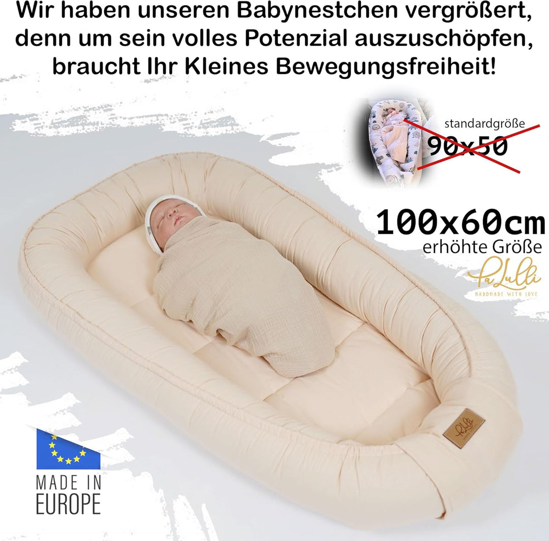 PaLulli® Extra Grosses Babynest 100x60 cm | Set mit herausnehmbarer Einlage Baumwolle | Beidseitig n