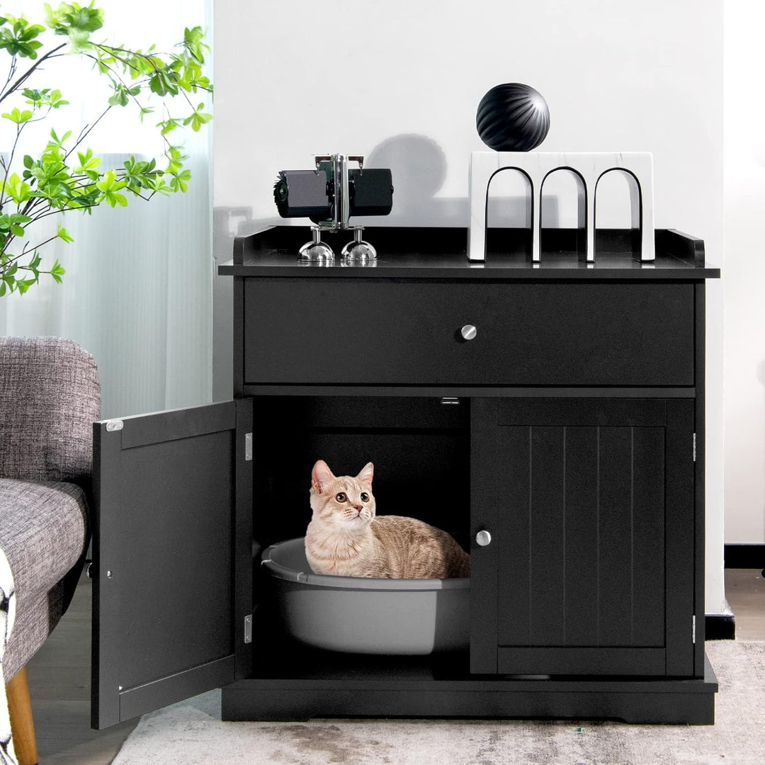 COSTWAY Katzenschrank mit Schublade & Tür & Eingang, 3-in-1 Katzenhaus Katzentoilette Beistelltisch,