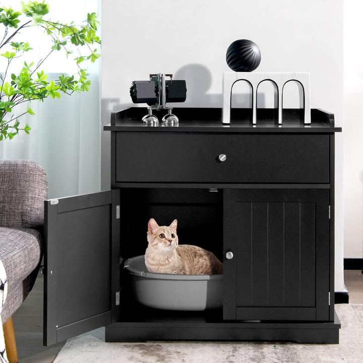 COSTWAY Katzenschrank mit Schublade & Tür & Eingang, 3-in-1 Katzenhaus Katzentoilette Beistelltisch,