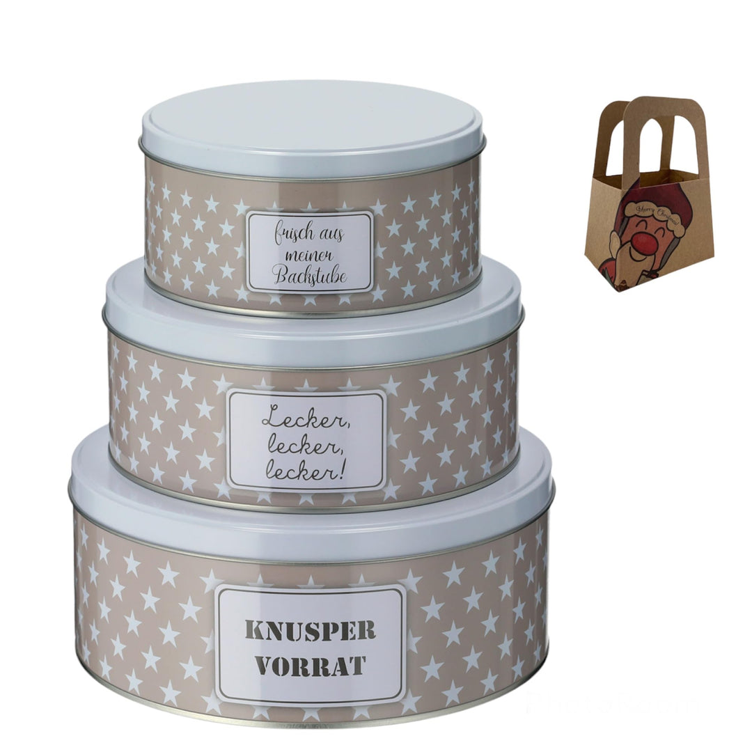 Geschenkset Keksdose Plätzchendose Metalldose 3er Set "Sterne braun-weiss" Weihnachten mit süsser Re