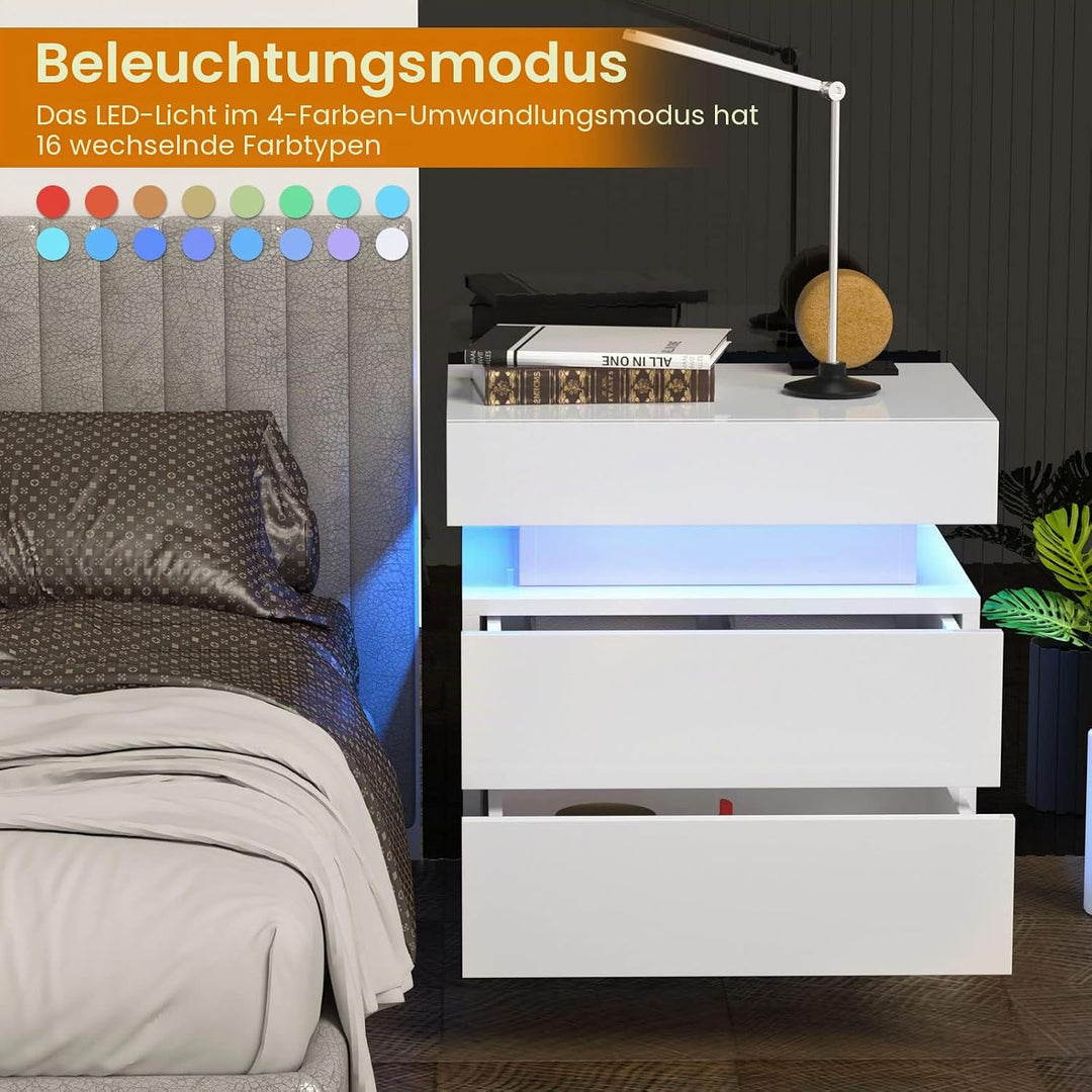 PIPIPOXER Nachttisch Weiss mit LED Licht, 16 Farben 2 Schubladen und Hochglanz Kommode Nachttisch Na