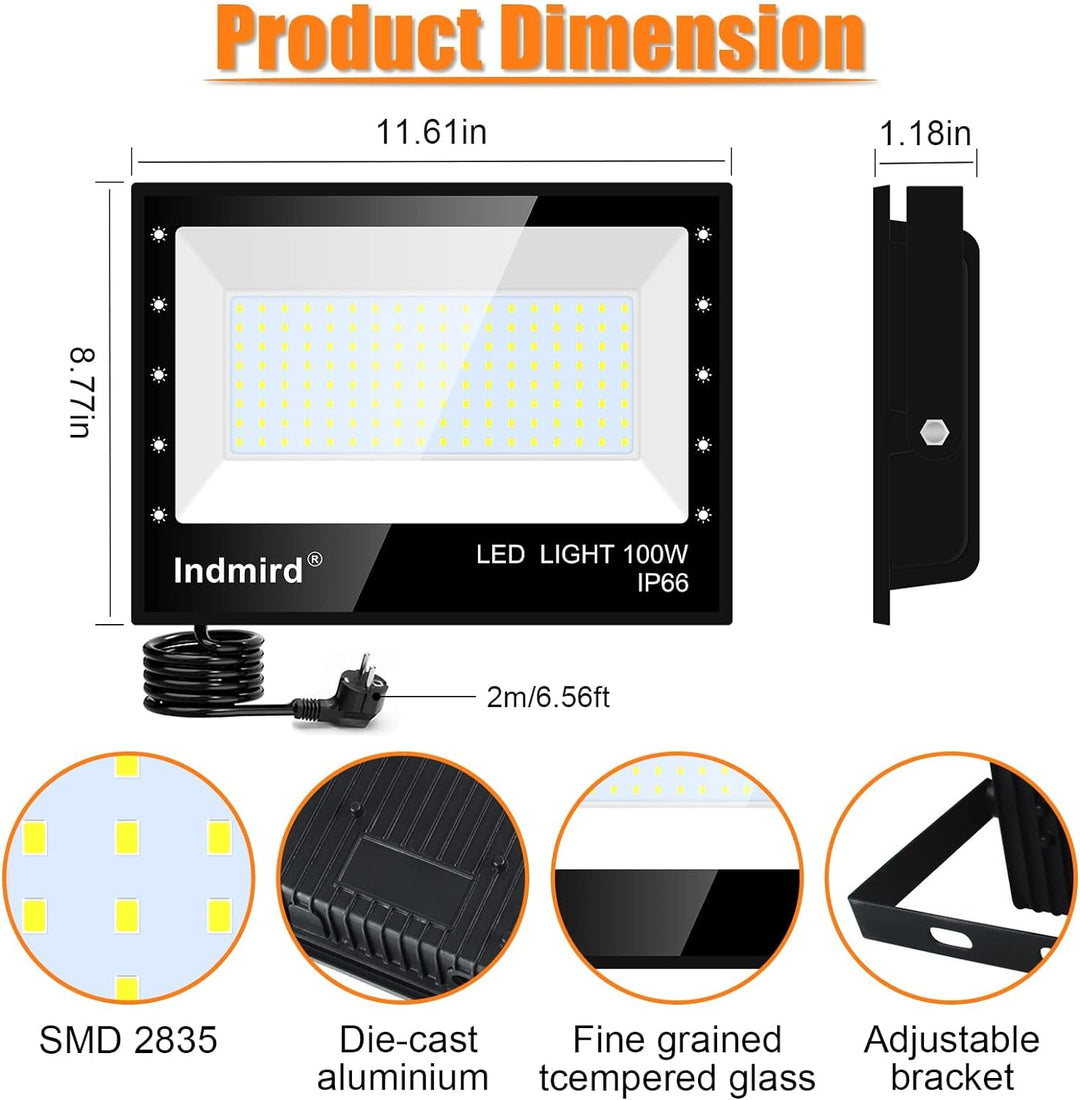 Indmird LED Strahler Aussen 100W, 2 Stücke Superhell 10000LM LED Fluter 6500K Kaltweiss LED Scheinwe