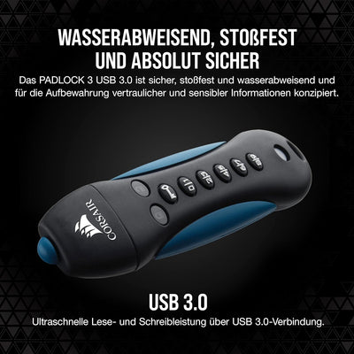 Corsair Flash Padlock 3, 256 GB Sicheres USB 3.0 Flash-Laufwerk Mit Tastatur (256-Bit-AES-Verschlüss