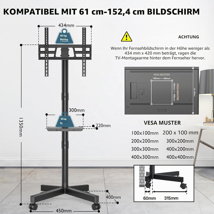 BONTEC Mobiler TV Ständer auf Rollen, Neigbar, Höhenverstellbarer Rollbarer TV Wagen mit Medienablag