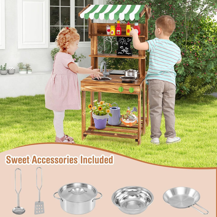 DREAMADE Matschküche Kinder Outdoor, Kinderküche mit Dach, Wasserhahn, Spüle, Tafel & Kindergrill, D