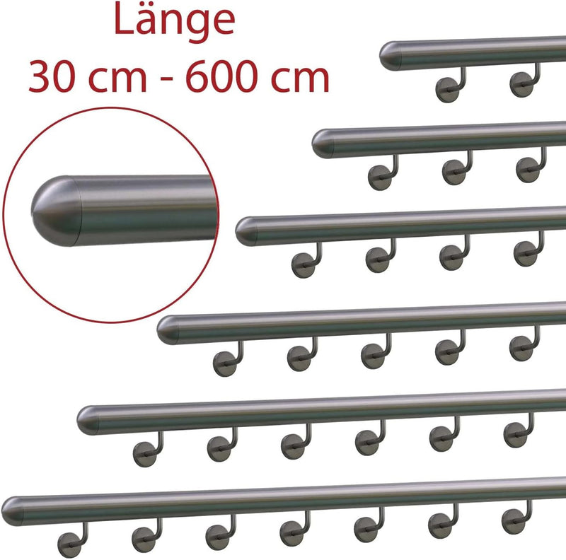 TIBU Handlauf Geländer Edelstahl Ø 42,4 mm - Länge 80 cm - Ende halbrunde Kappe und gewinkelte Halte