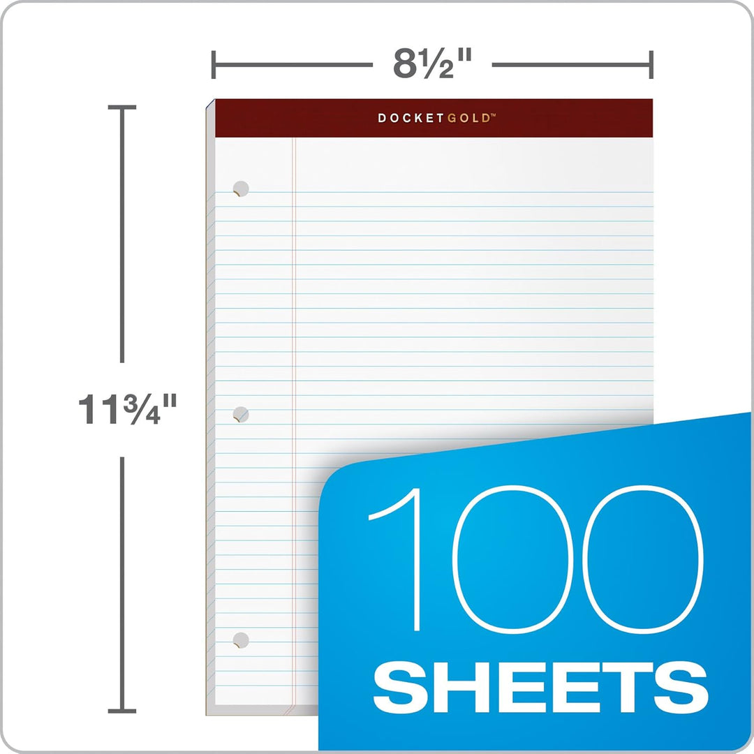 TOPS Docket Gold Schreibblöcke, 21,6 x 29,5 cm, schmales Lineal, 3-fach gelocht, weisses Papier, 100