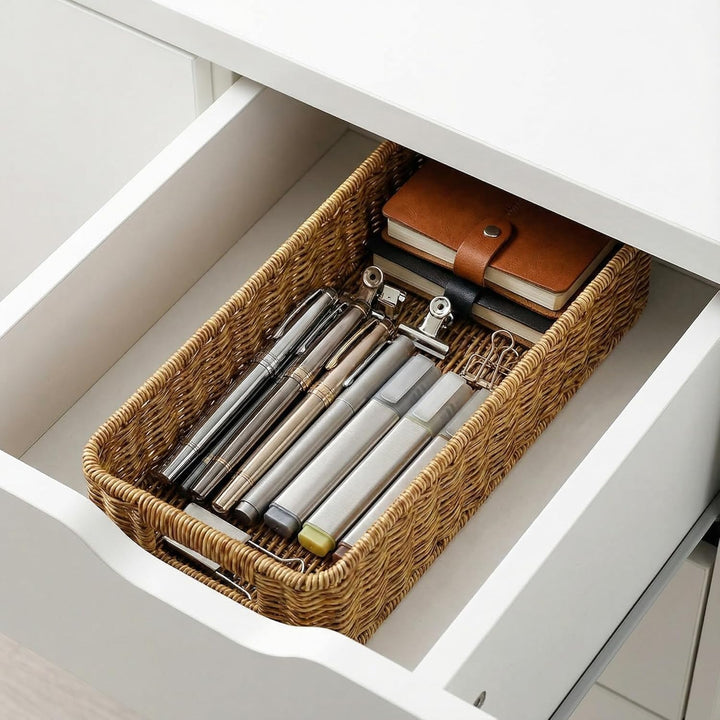 Zerodeko Geflochtener Rattanimitat Aufbewahrungskorb 15.5X35.5X9Cm Schreibtisch Organizer Für Kleini