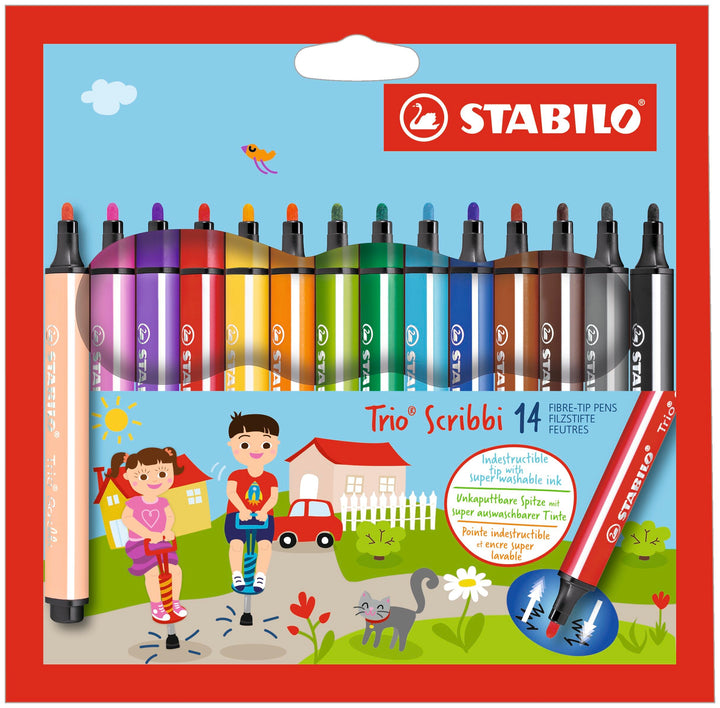 Gefederter Dreikant-Filzstift - STABILO Trio Scribbi - 14er Pack - mit 14 verschiedenen Farben, 14er