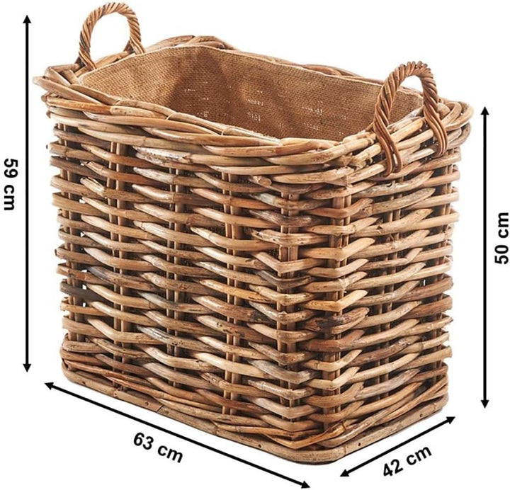 Kobolo Holzkorb aus Rattan mit Jutestoff, 63x42x59 cm, braun, robuster Kaminholzkorb mit Griffen & S