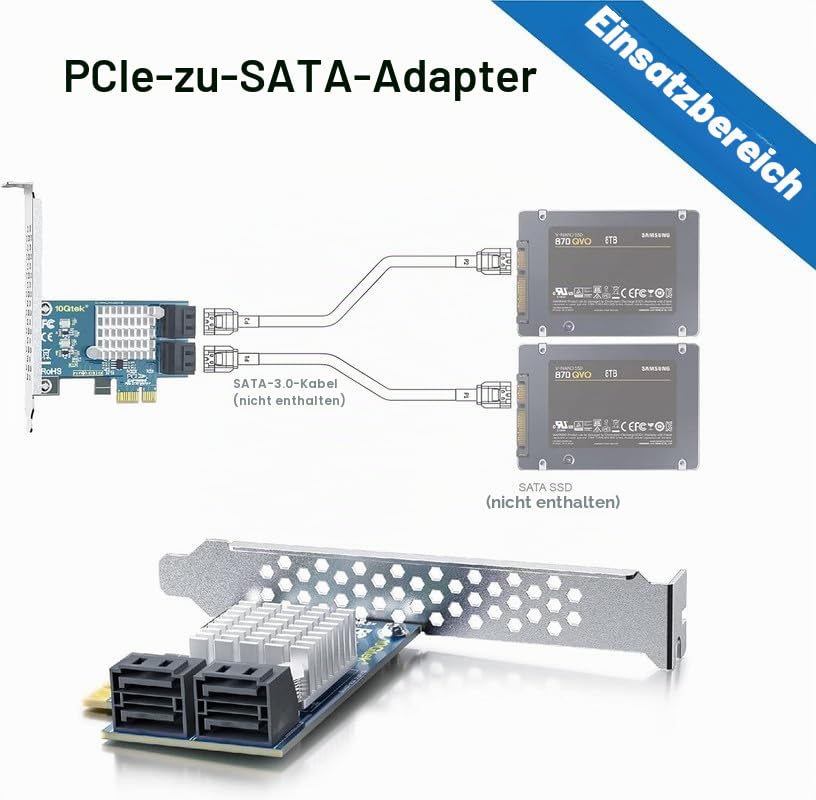 10Gtek 4-Port PCIe SATA-Karte 6 Gbit/s SATA3.0 Controller X1, unterstützt 4 SATA 3.0 Geräte, Windows