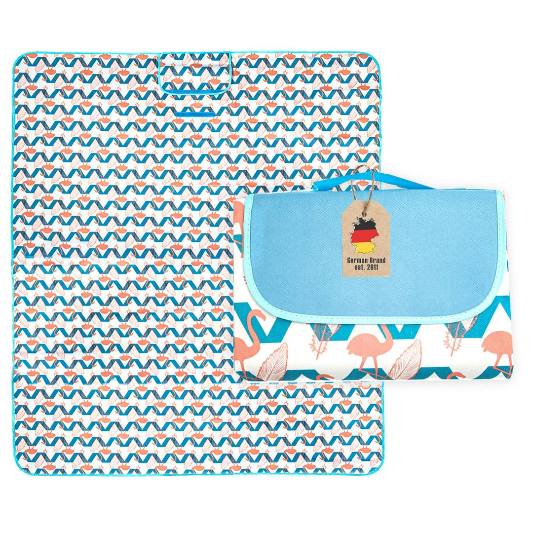 INTIRILIFE Faltbare Picknickdecke im Flamingo Design wasserdicht - Offen 199 x 190 cm - Gefaltet 31.