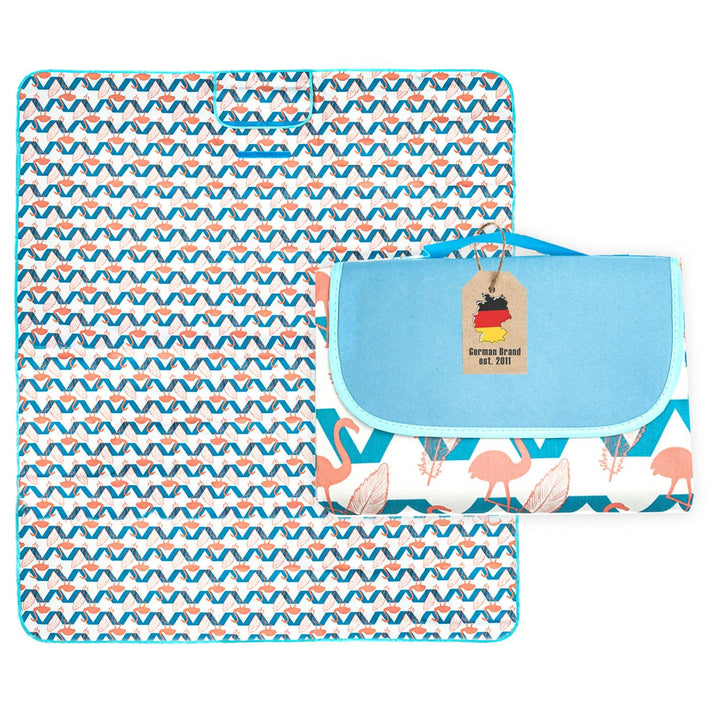 INTIRILIFE Faltbare Picknickdecke im Flamingo Design wasserdicht - Offen 199 x 190 cm - Gefaltet 31.