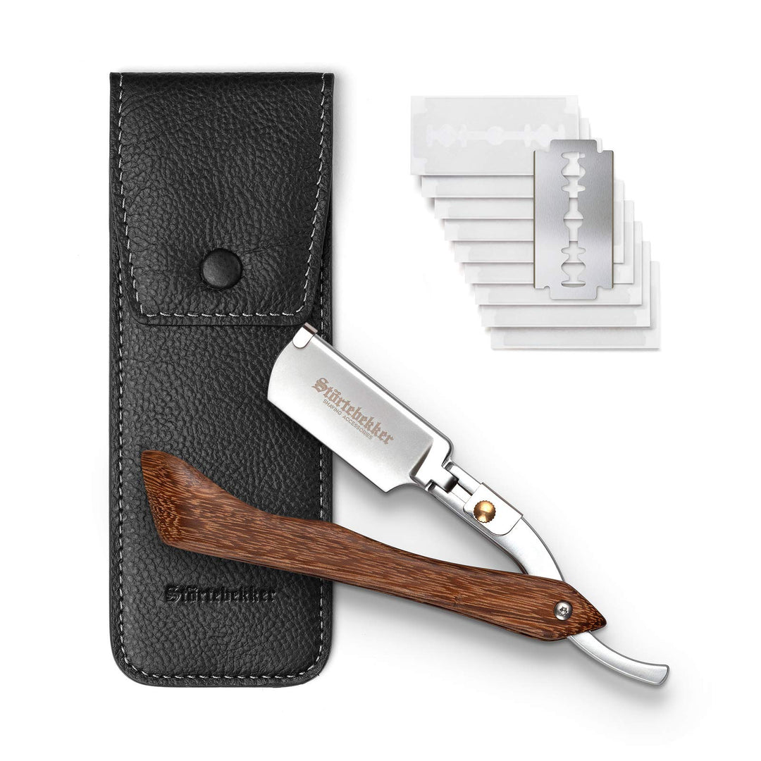 Störtebekker® Rasiermesser mit Holzgriff im handgefertigten Lederetui inkl. Alaunstift - inkl. Rasur