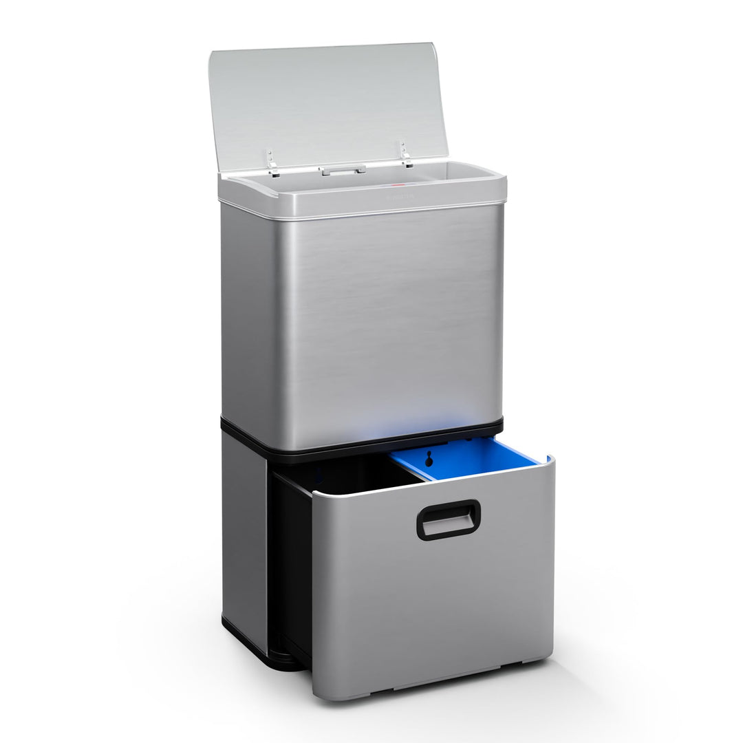 Klarstein 56 L Edelstahl-Sensormülleimer mit 3 Fächern (36+2x10 L), Bedienfeld mit LED-Anzeige, Soft