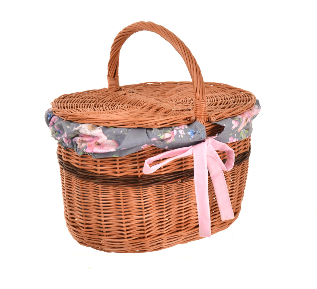 Picknickkorb mit Deckel 40 cm – Einkaufskorb Weide mit Henkel & Stoffeinlage (3 Designs) – Weidenkor