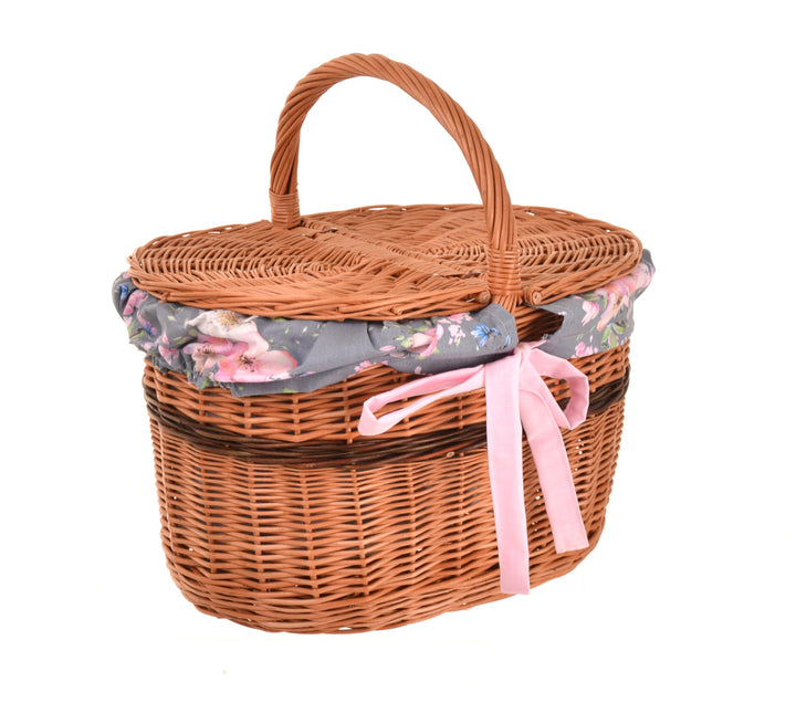 Picknickkorb mit Deckel 40 cm – Einkaufskorb Weide mit Henkel & Stoffeinlage (3 Designs) – Weidenkor