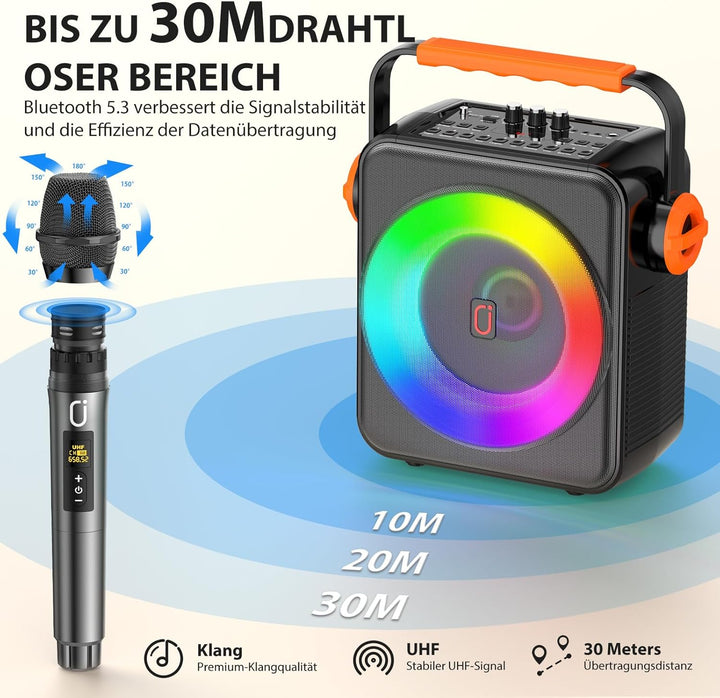 Karaoke Maschine mit 2 drahtlosen Mikrofones, Tragbaren Bluetooth 5.3 Karaoke Anlage Lautsprecher mi