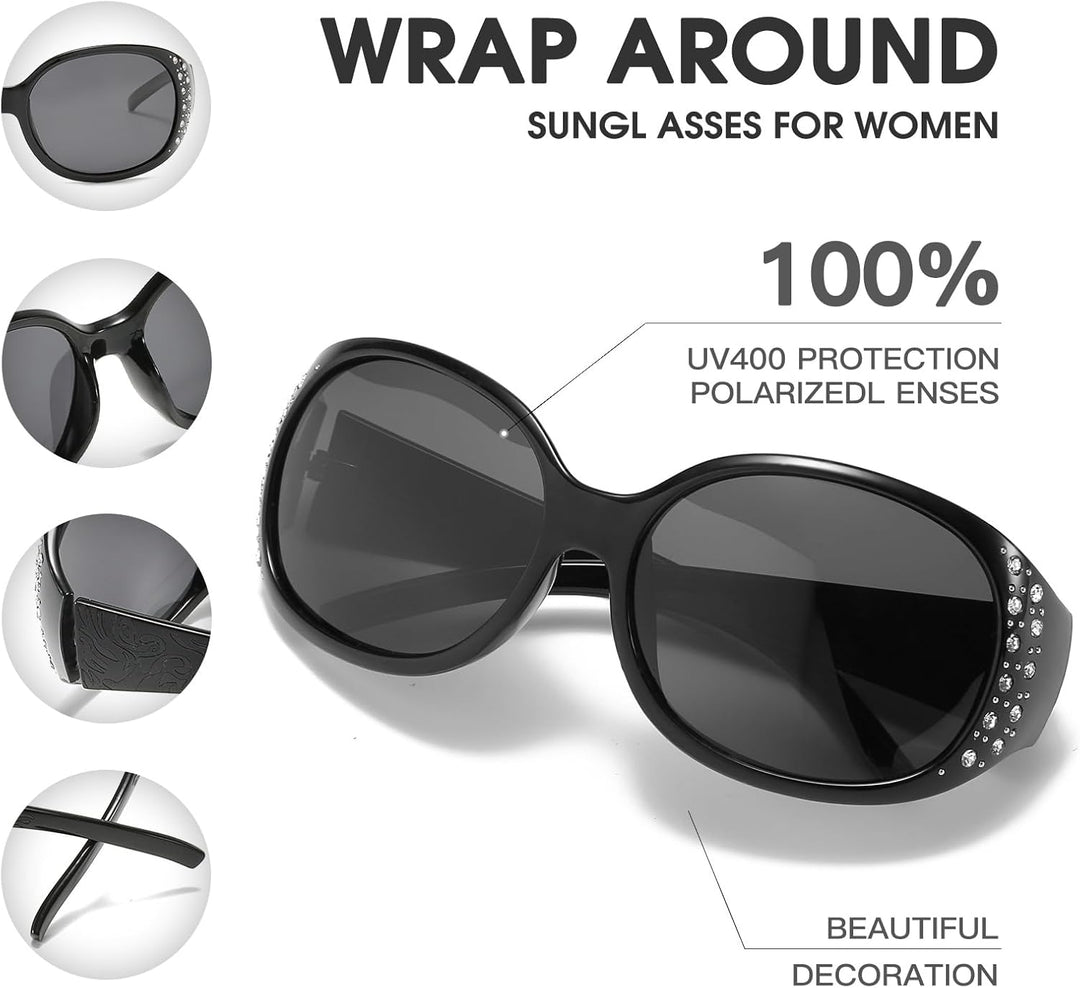 LVIOE Polarisiert Sonnenbrille Damen Gross Schwarz, Klassisch Vintage Sonnenbrille Grosse gläser mit