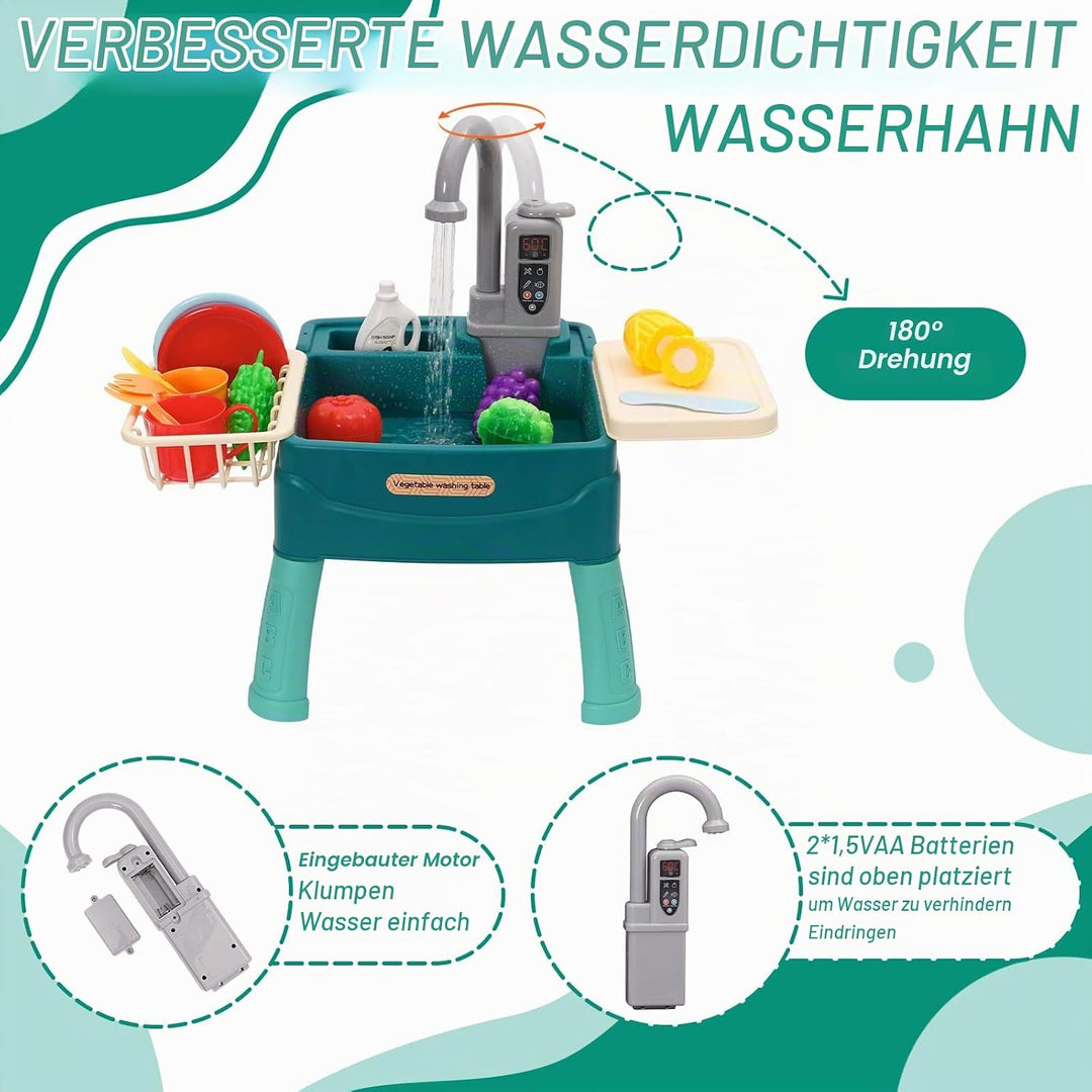 Kinder Geschirrspülbecken Spielzeug – Wasserspiel Küchenset mit Zirkulationswasserhahn, Gemüse &amp; Ges