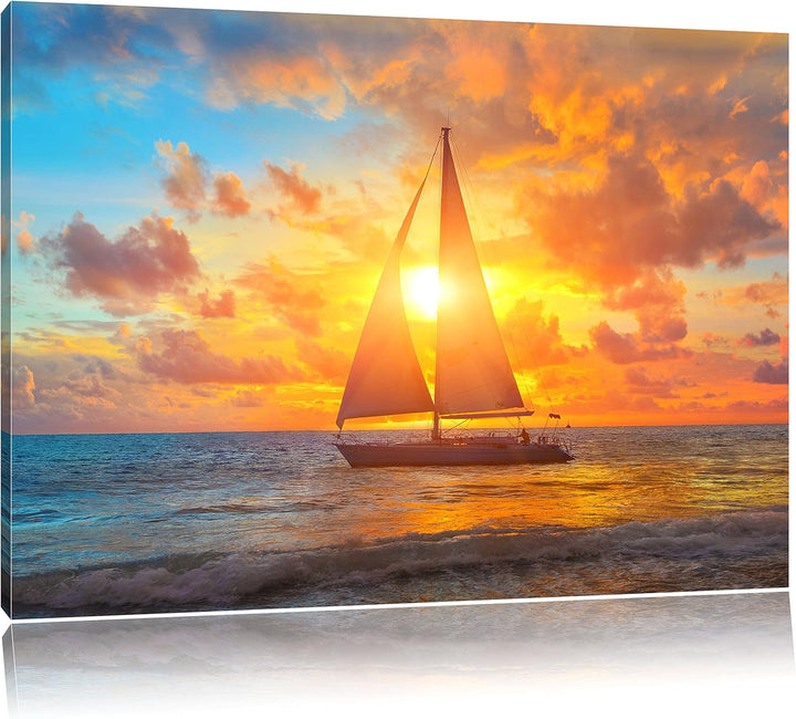 Pixxprint Segelboot nahgelegen der Küste als Leinwandbild/Grösse: 100x70 cm/Wandbild/Kunstdruck/fert