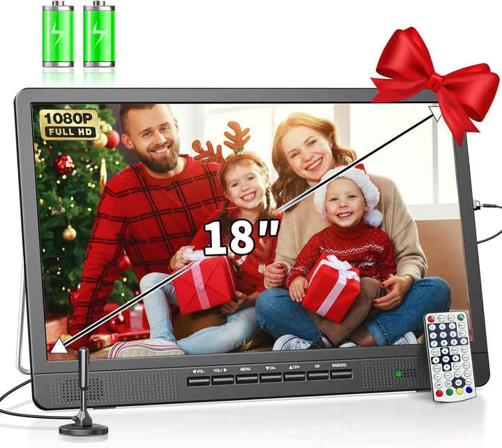 DESOBRY 18-Zoll tragbarer Fernseher mit Freeview, 6000mAh Akku Kleiner Fernseher mit Antenne, 12V Ca