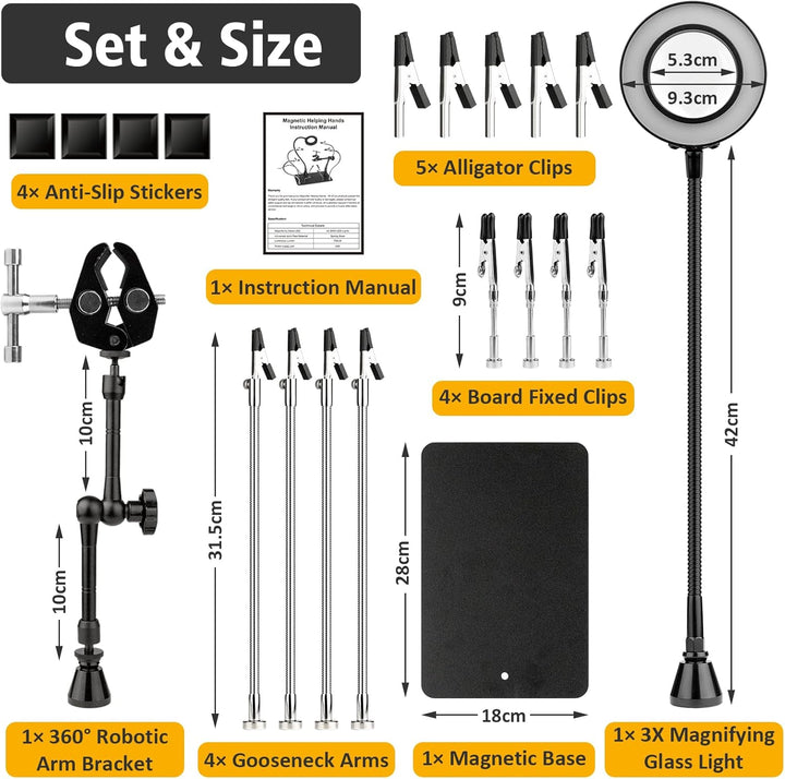 Magnetische Dritte Hand Lötstation, Dritte Hand Löten mit 3x Lupe, 360° Drehbarer Mechanischer Arm,