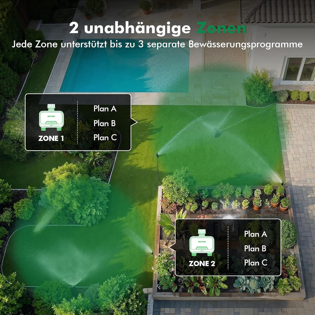 RESTMO 2 Zonen Bewässerungscomputer WLAN + RF Hub mit Durchflussmesser, Automatische Garten Bewässer