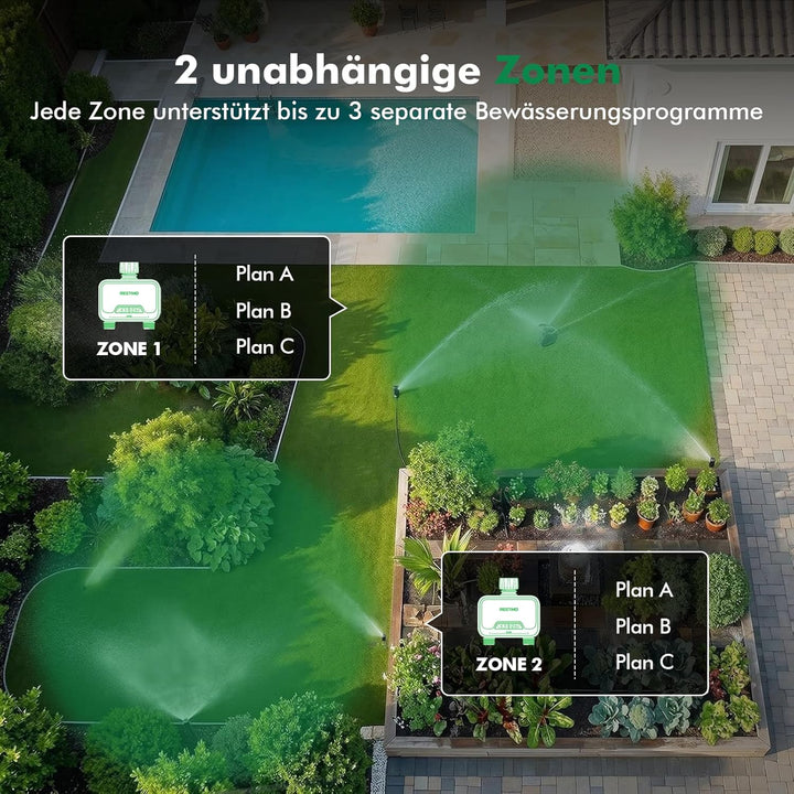 RESTMO 2 Zonen Bewässerungscomputer WLAN + RF Hub mit Durchflussmesser, Automatische Garten Bewässer