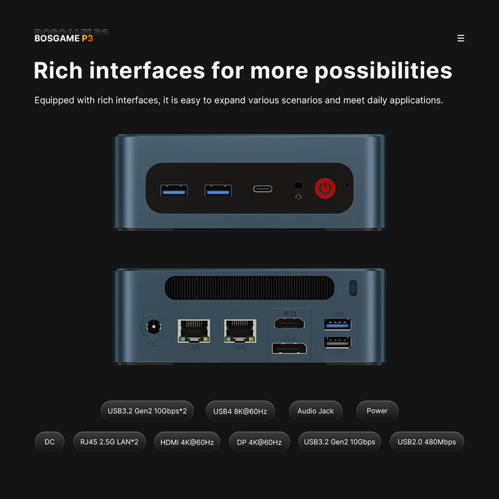 BOSGAME P3 Lite Mini-PC, AMD Ryzen 7 6800H Prozessor bis zu 4.7 GHz, Windows 11 Pro Mini-Computer, 2