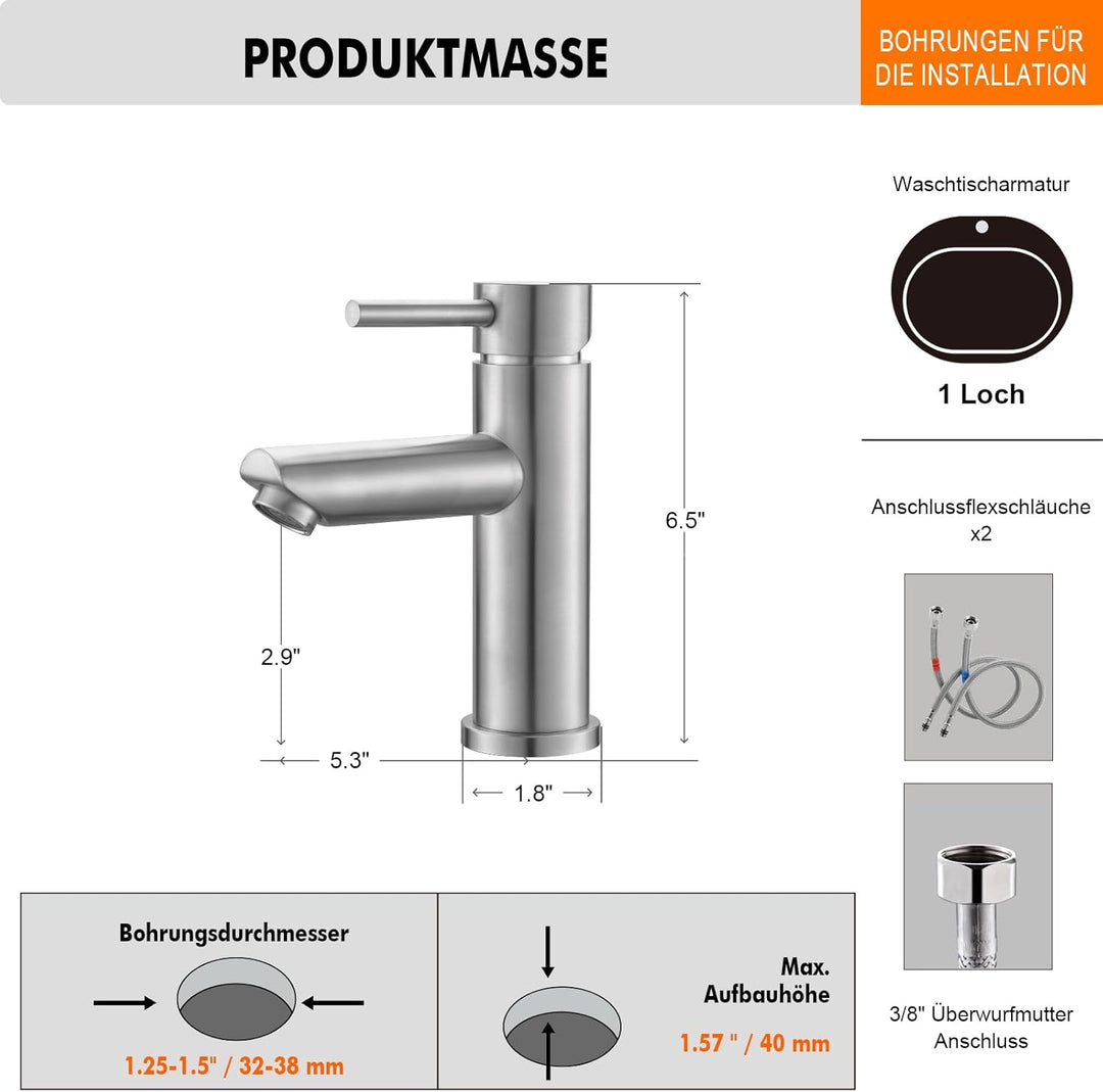 Ibergrif M11103, Wasserhahn Bad Edelstahl- Mischbatterie, Waschtischarmatur Infache Montage, Armatur