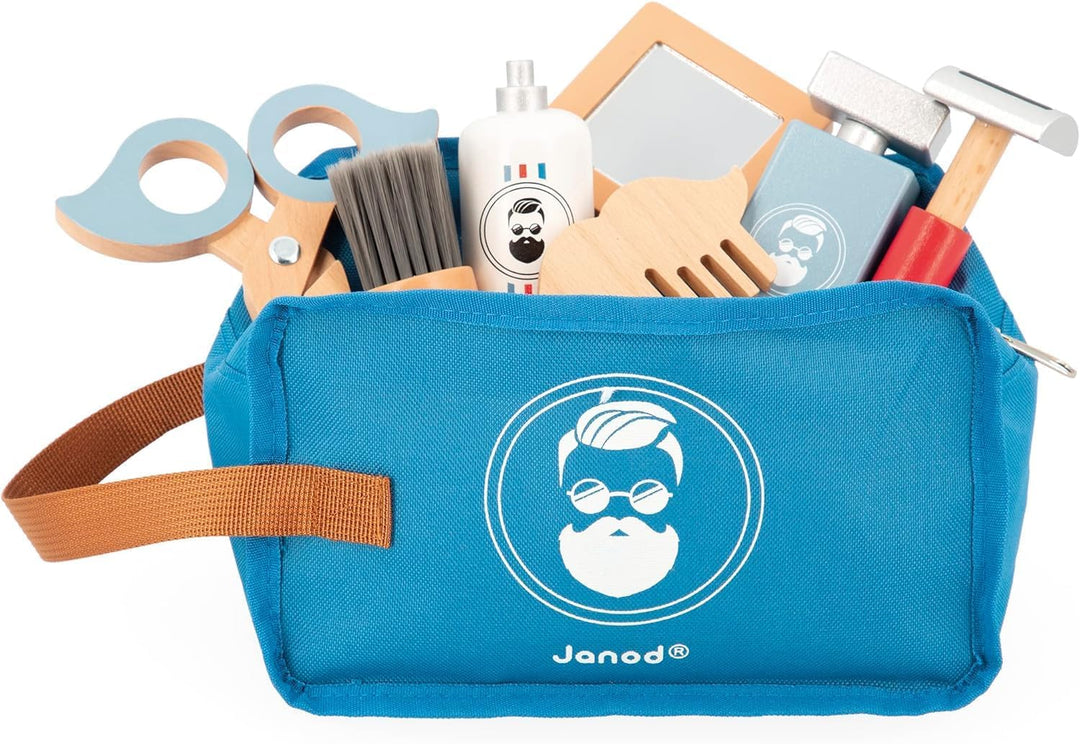 JANOD - Barbierkoffer für Kinder - 7 Holz-Accessoires + Etui - Rollenspielzeug - Entwickelt die Fant