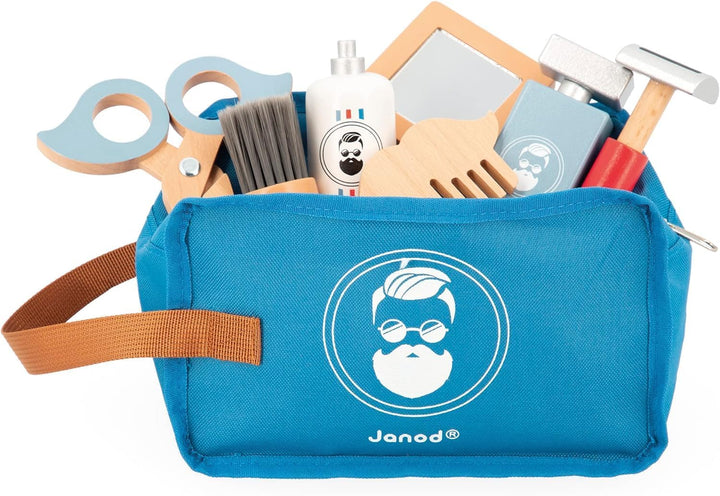 JANOD - Barbierkoffer für Kinder - 7 Holz-Accessoires + Etui - Rollenspielzeug - Entwickelt die Fant