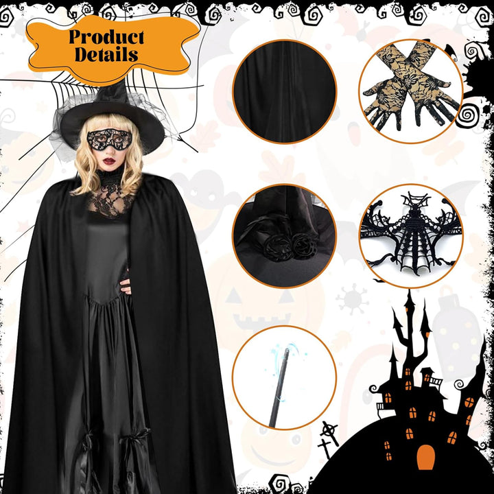 Shinybox Hexenkostüm Damen Halloween, 7 Stück Halloween Kostüm Damen mit Schwarzer Umhang, Hexenhut,