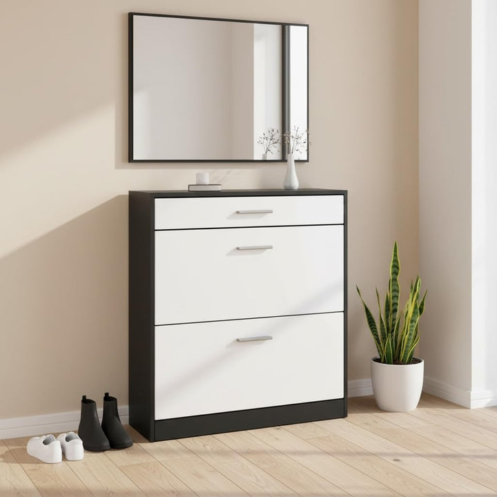 Schuhschrank Roma Schmal mit 2 Klappen und 1 Schublade, Platzsparender Schuhkipper Flurschrank für D