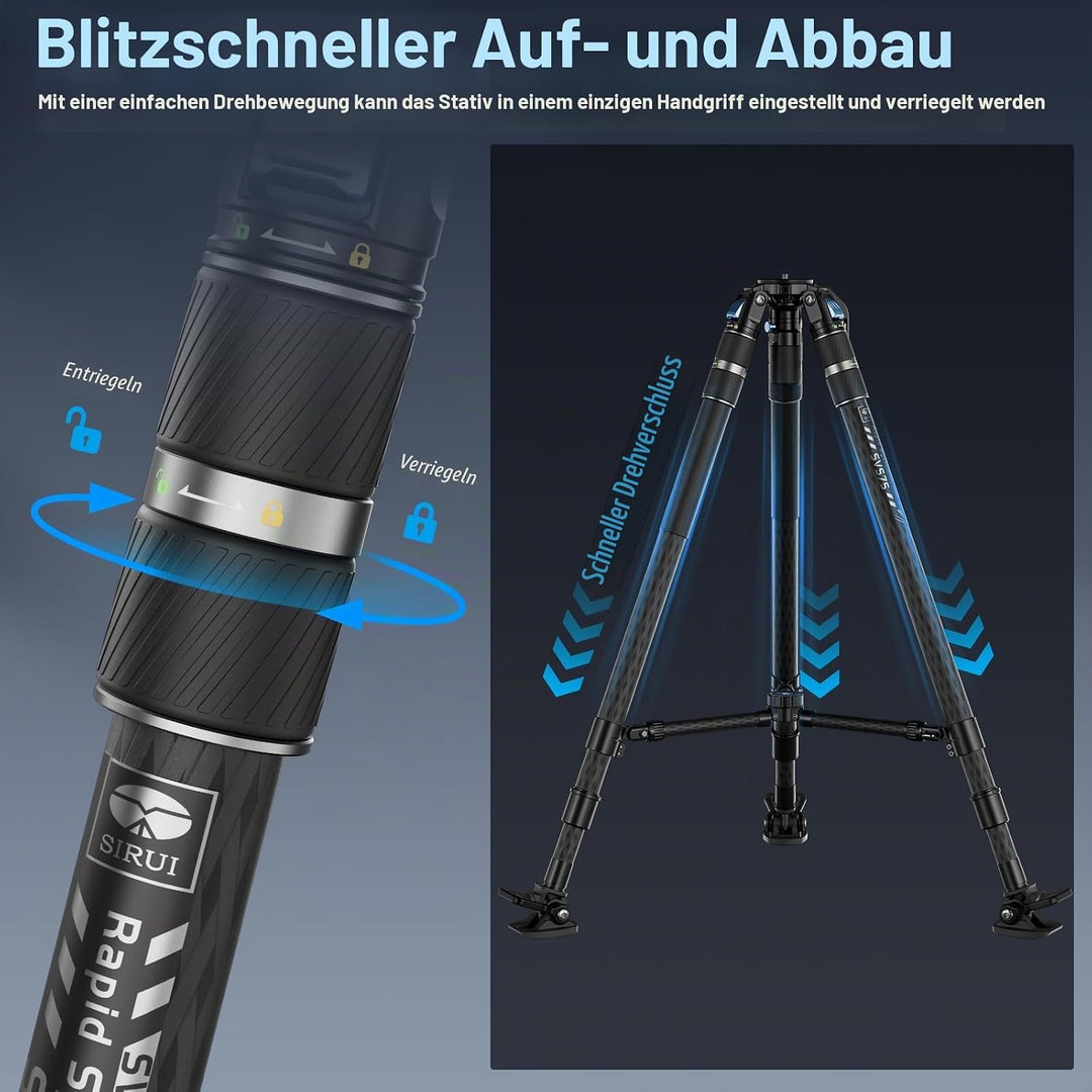 SIRUI SVS75 Rapid System Videostativ, Carbonfaser Stativ 155cm mit einstufiger Höhenverstellung, Mit