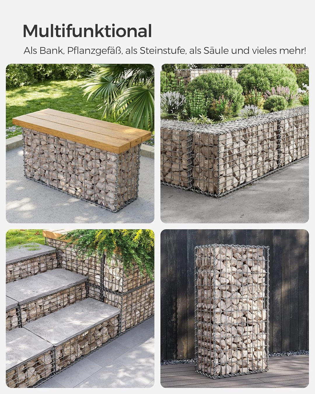 SONGMICS Gabionenkörbe, Metall-Steinkörbe mit 5 x 10 cm Maschenweite für Mauersteine, verzinkt, Stei
