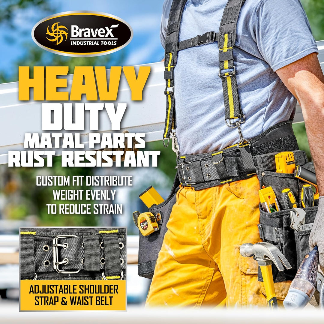 Bravex Tool Belt Suspenders - Pro Ultra Anti-wear 20 Bags Y-Style Tool Belts 5 Combo Apron Tool Pouc