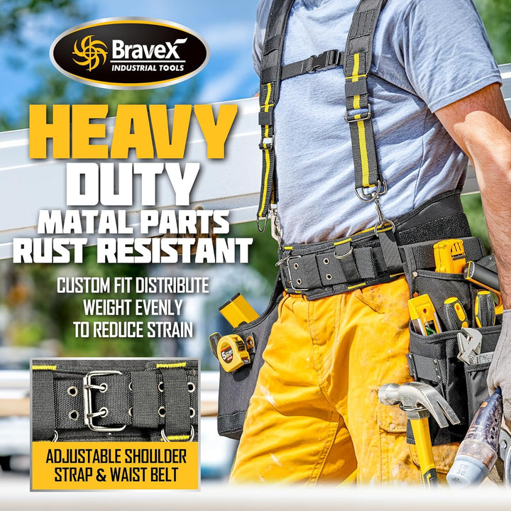 Bravex Tool Belt Suspenders - Pro Ultra Anti-wear 20 Bags Y-Style Tool Belts 5 Combo Apron Tool Pouc