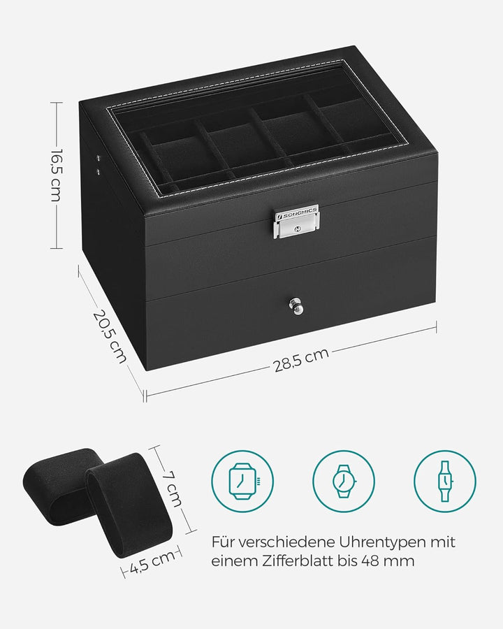 SONGMICS Uhrenbox, Uhrenkasten mit Glasdeckel, 2 Ebenen, Uhrenkoffer mit herausnehmbaren Uhrenkissen
